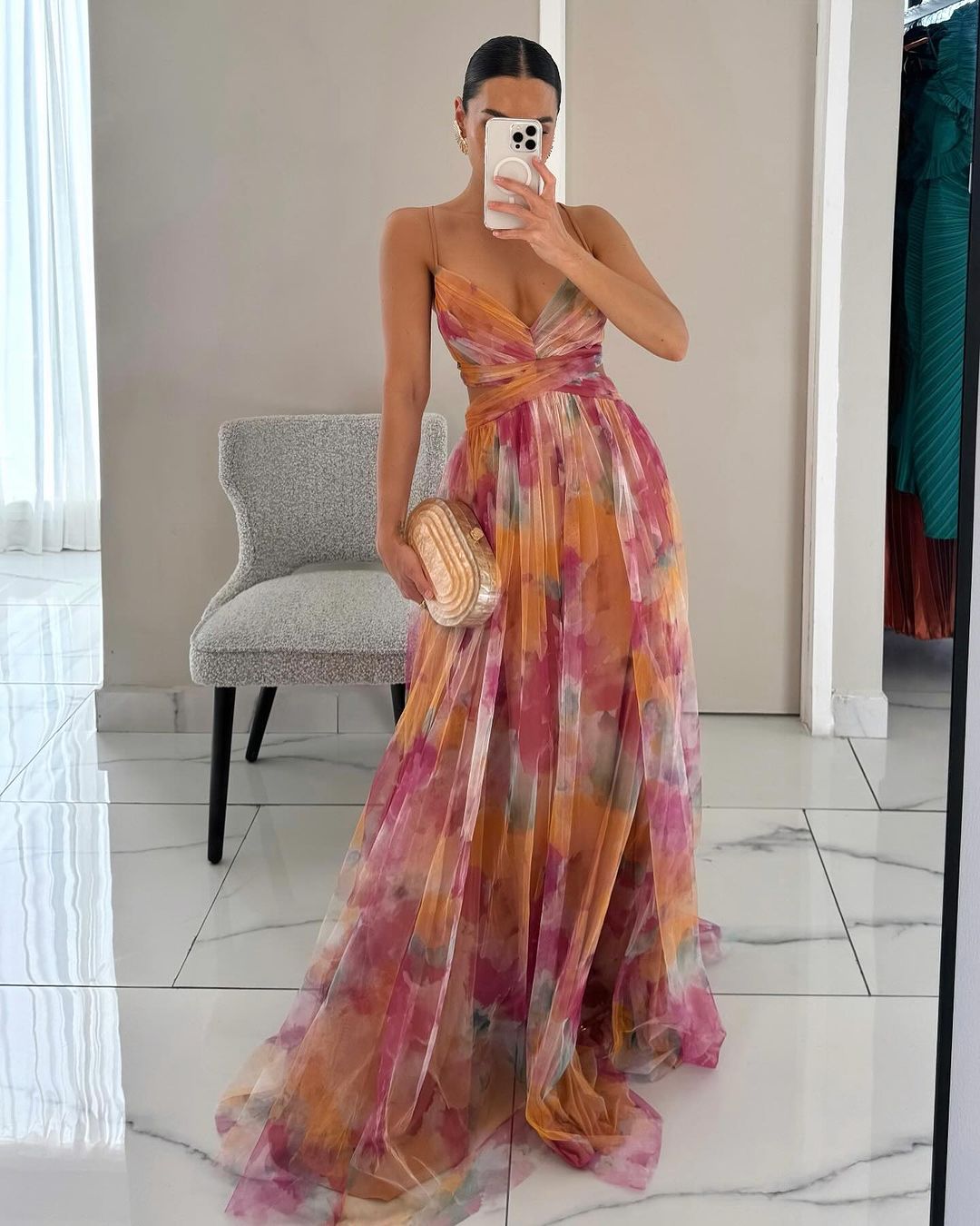 Eléna | Elegant, Lang Kjole med Blomsterprint™