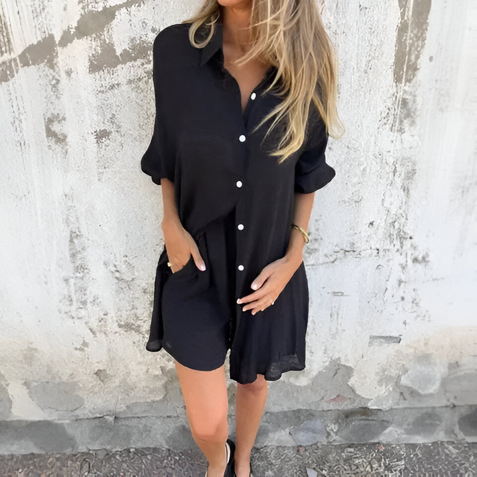 Nora Avslappet Ensfarget Bluse- og Shortssett™