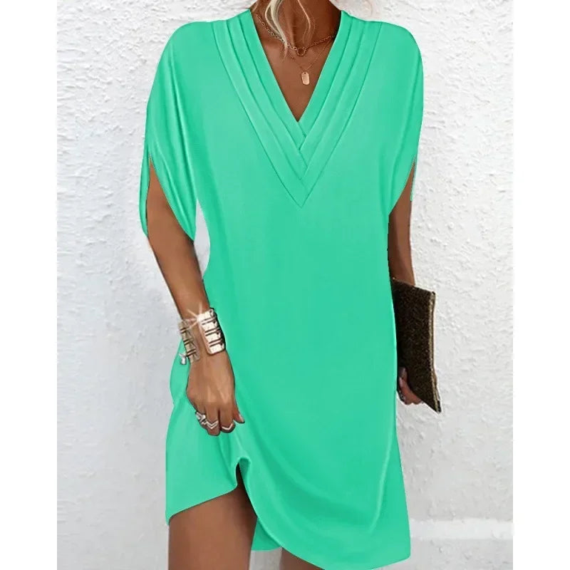New Women's Clothing Summer V-neck Pleated Batwing Sleeve Dress Sexy Solid Color Mini Dress