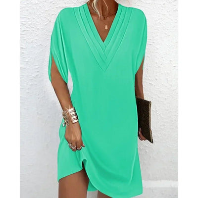 New Women's Clothing Summer V-neck Pleated Batwing Sleeve Dress Sexy Solid Color Mini Dress