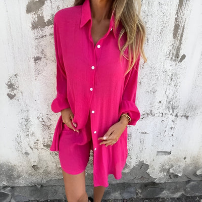 Nora Avslappet Ensfarget Bluse- og Shortssett™