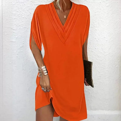 New Women's Clothing Summer V-neck Pleated Batwing Sleeve Dress Sexy Solid Color Mini Dress