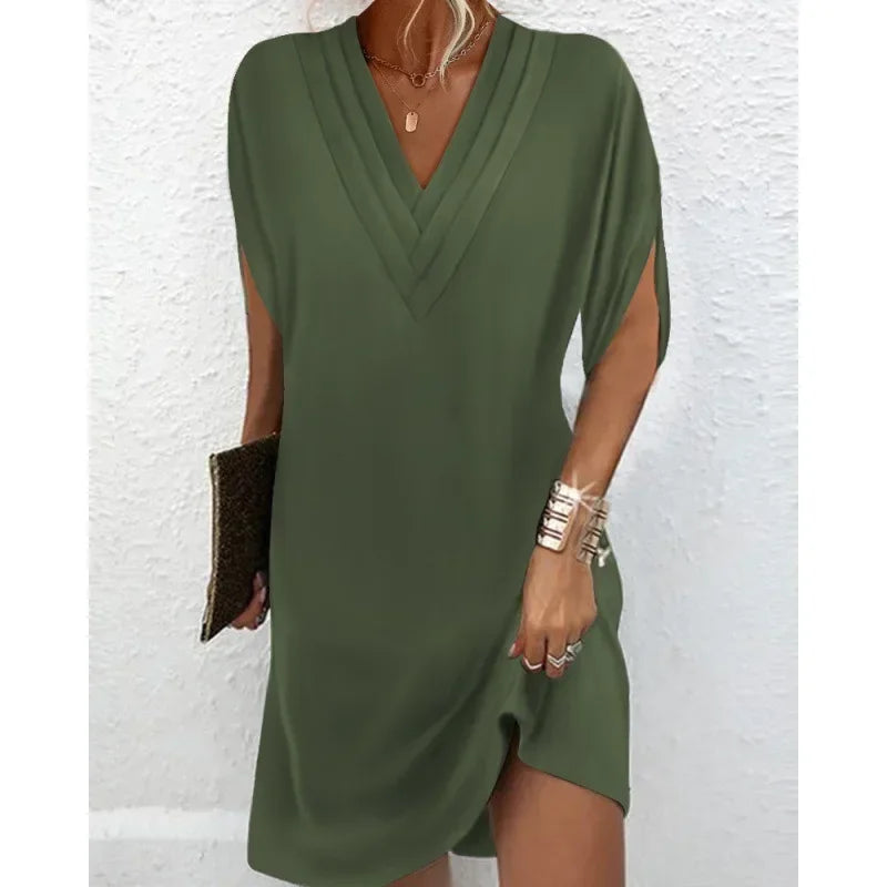 New Women's Clothing Summer V-neck Pleated Batwing Sleeve Dress Sexy Solid Color Mini Dress