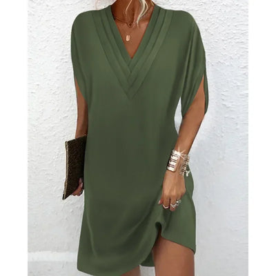 New Women's Clothing Summer V-neck Pleated Batwing Sleeve Dress Sexy Solid Color Mini Dress