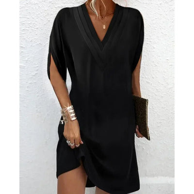 New Women's Clothing Summer V-neck Pleated Batwing Sleeve Dress Sexy Solid Color Mini Dress