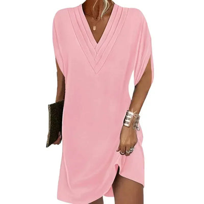 New Women's Clothing Summer V-neck Pleated Batwing Sleeve Dress Sexy Solid Color Mini Dress