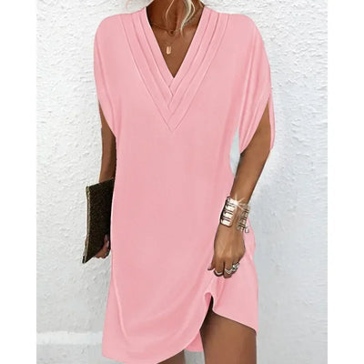 New Women's Clothing Summer V-neck Pleated Batwing Sleeve Dress Sexy Solid Color Mini Dress