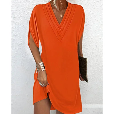 New Women's Clothing Summer V-neck Pleated Batwing Sleeve Dress Sexy Solid Color Mini Dress